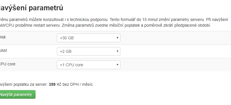 nastavení parametrů VPS